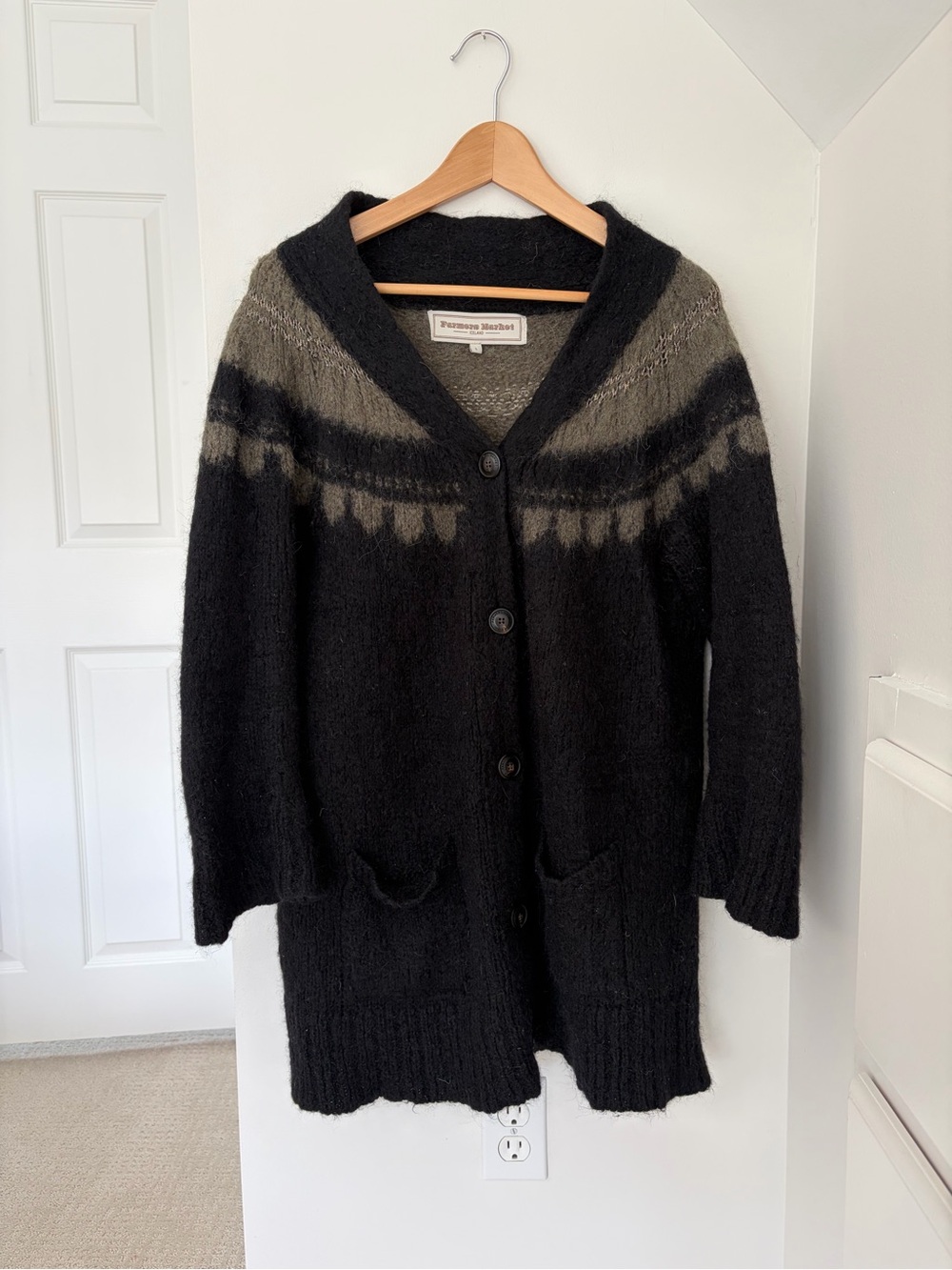 Cottagecore Bohemian Black Grey Shawl-Collar Long Button Cardigan Mohair Alpaca